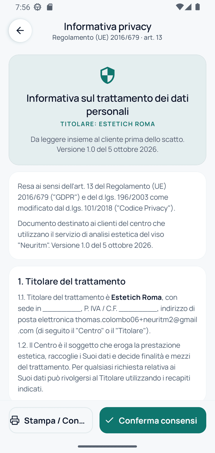Schermata privacy e consenso