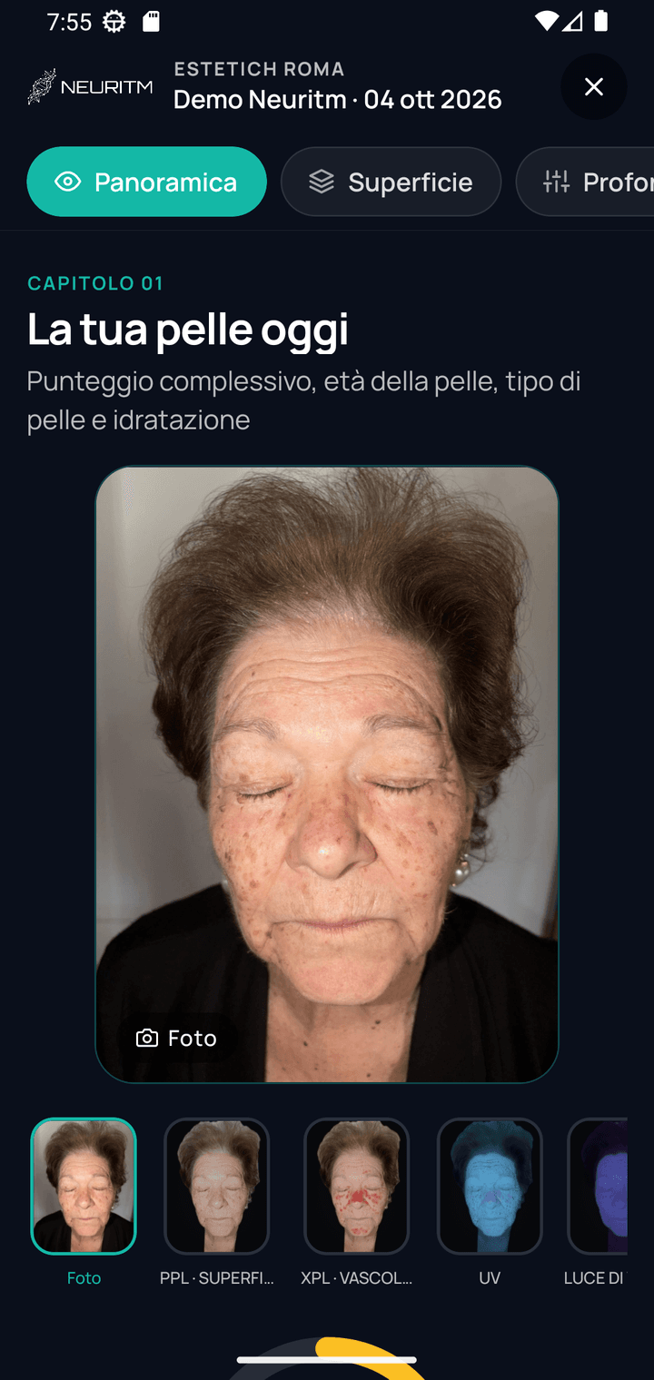 Specchio cliente di Albireo su tablet: la tua pelle oggi con foto e filtri